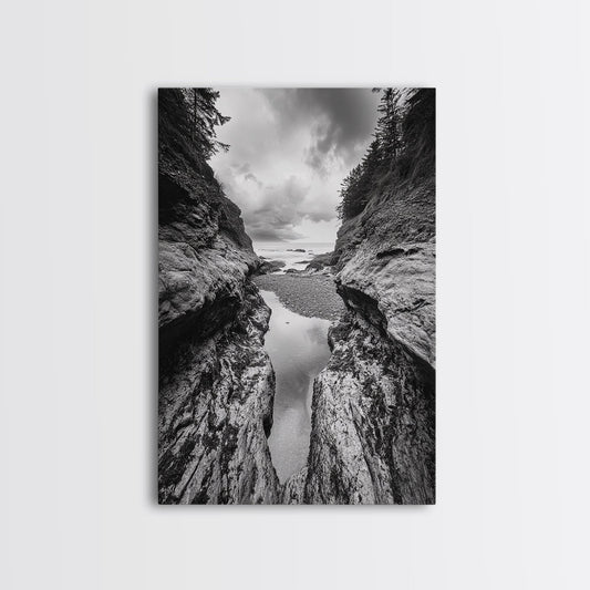 Ocean Ravine, Rugged Coastline, Pacific Wilderness, Stormy Seascape, Framed Canvas Print, Adventure Wall Art, Nature Home Decor