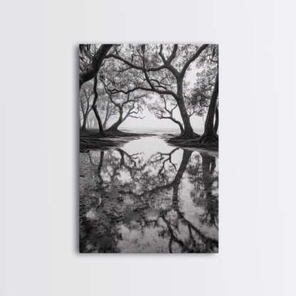 Misty Forest Trees, Reflection Photography, Nature Landscape, Canvas Print, Neutral Tones, Bedroom Wall Decor, Moody Autumn Forest Art
