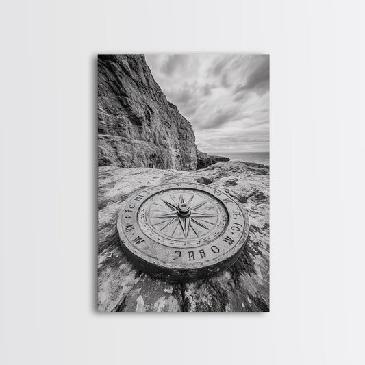 Compass On Cliff, Adventure Travel Art, Nautical Wall Decor, Framed Canvas Print, Rustic Office Art, Nature Explorer Gift Idea