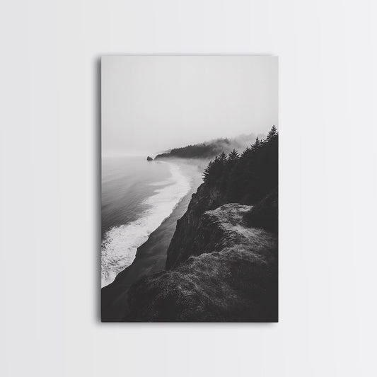 Misty Coastline, Pine Forest, Foggy Morning, Framed Canvas Print, Moody Nature Decor, Living Room Wall Art, Monochrome Style