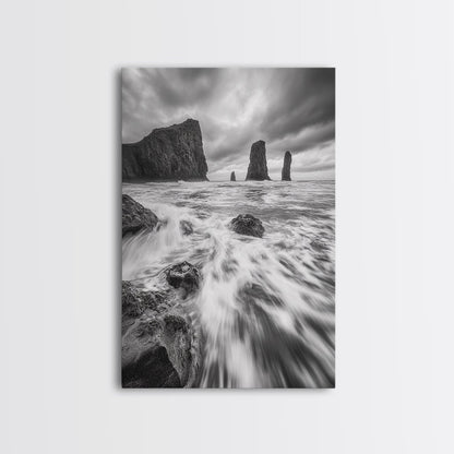 Sea Stacks Seascape, Ocean Art, Moody Coastline Print, Nature Photography, Framed Canvas Print, Living Room Wall Art, Black White Seaside