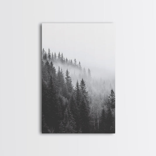 Misty Forest, Pine Trees, Foggy Morning, Canvas Print, Moody Nature Wall Art, Nordic Bedroom Decor, Monochrome Forest Landscape