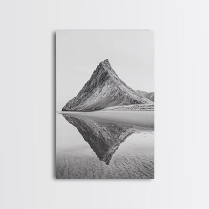 Mountain Mirror, Coastal Peak, Serene Beach, Canvas Print, Minimalist Landscape Art, Modern Living Room Wall Decor, Monochrome Nature Style