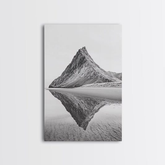 Mountain Mirror, Coastal Peak, Serene Beach, Canvas Print, Minimalist Landscape Art, Modern Living Room Wall Decor, Monochrome Nature Style