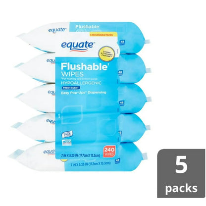 Flushable Wipes, Fresh Scent, 5 packs of 48 wipes, 240 Total Wipes
