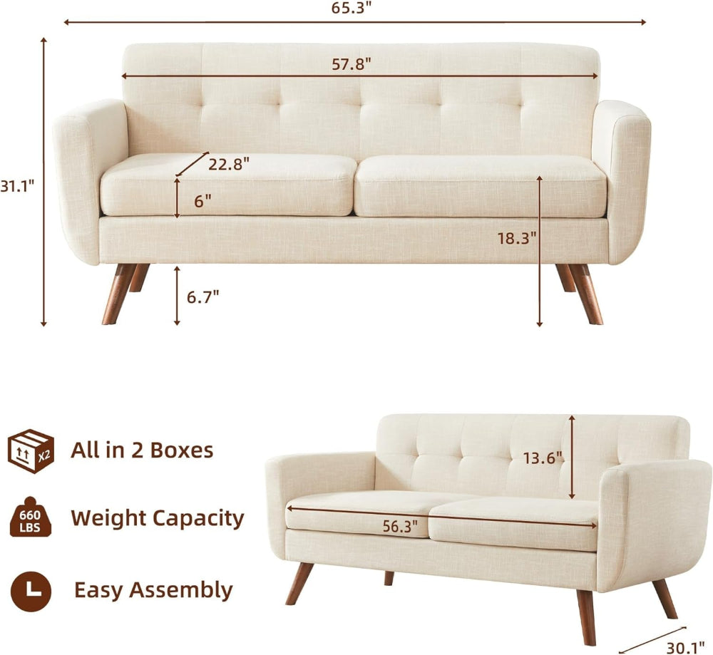 Modern Beige Loveseat – Mid-Century Comfort & Style for Any Space