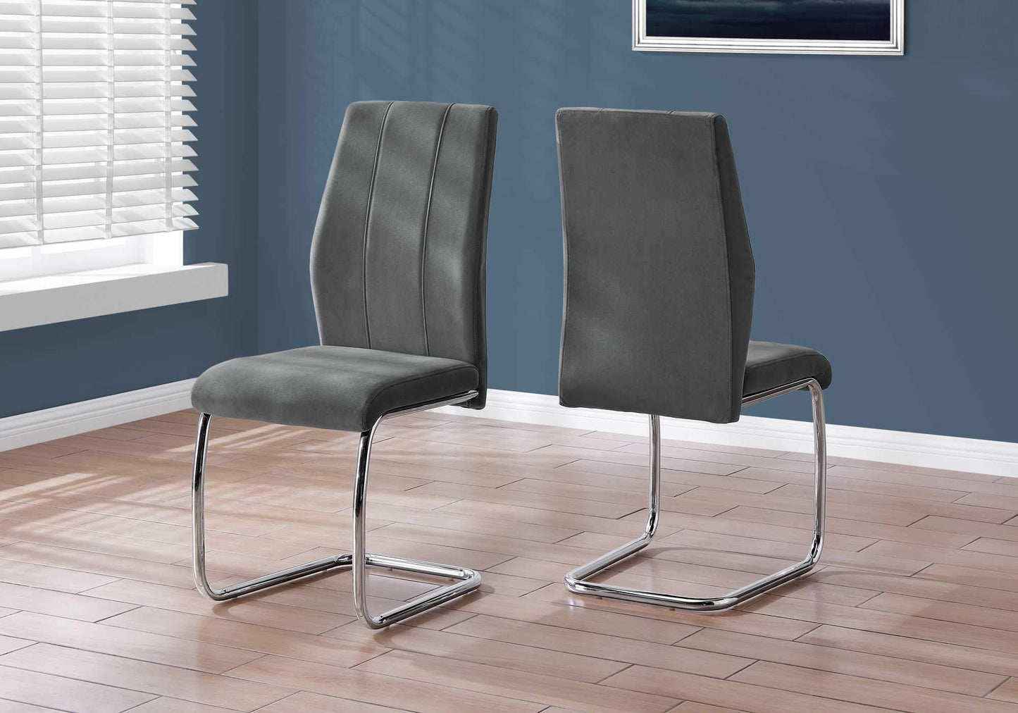 Two 77.5inches Velvet Chrome Metal and Foam Dining Chairs
