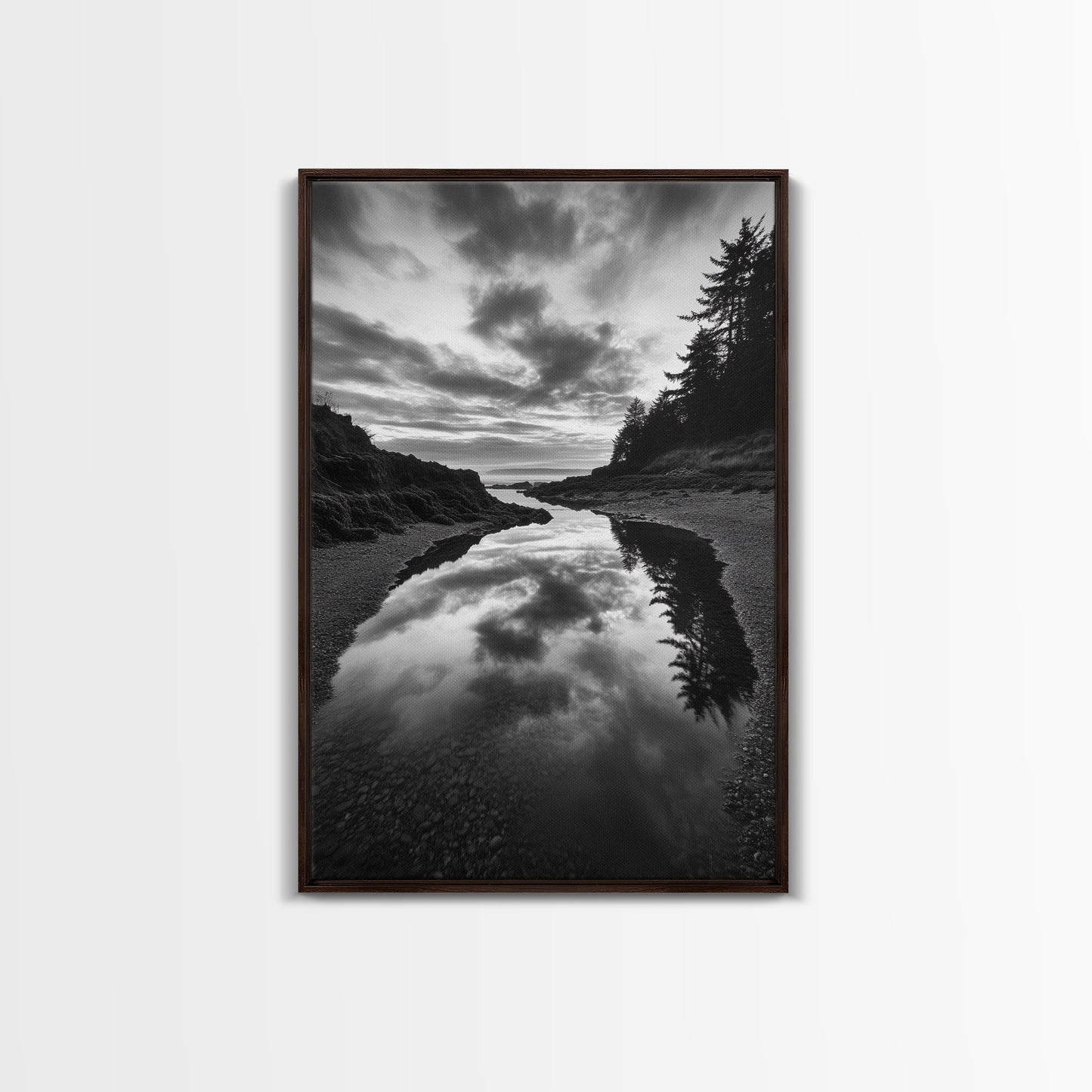 Reflective Tide Pool, Dramatic Sky, Forest Silhouette, Black and White Seascape, Framed Canvas Print, Living Room Wall Art, Nature Boho Style