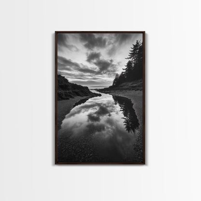 Reflective Tide Pool, Dramatic Sky, Forest Silhouette, Black and White Seascape, Framed Canvas Print, Living Room Wall Art, Nature Boho Style