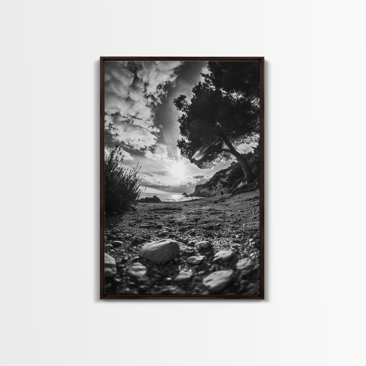 Sunset Beach View, Wide Angle Perspective, Nature Shoreline, Monochrome Landscape, Framed Canvas Print, Hallway Wall Art, Beach Decor