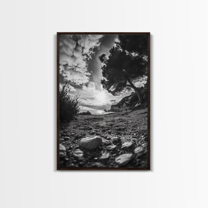 Sunset Beach View, Wide Angle Perspective, Nature Shoreline, Monochrome Landscape, Framed Canvas Print, Hallway Wall Art, Beach Decor