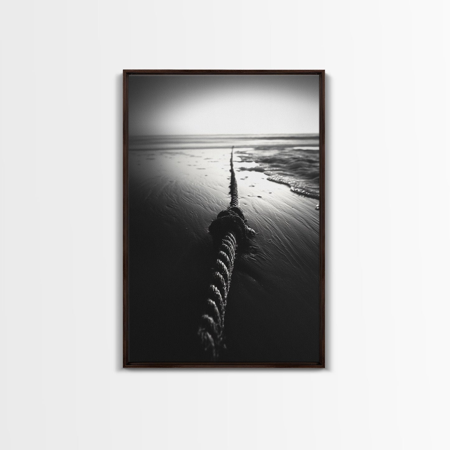 Ocean Rope Shore, Nautical Minimalism, Seaside Monochrome, Black and White Calm, Framed Canvas Print, Bedroom Wall Art, Coastal Decor