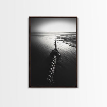 Ocean Rope Shore, Nautical Minimalism, Seaside Monochrome, Black and White Calm, Framed Canvas Print, Bedroom Wall Art, Coastal Decor