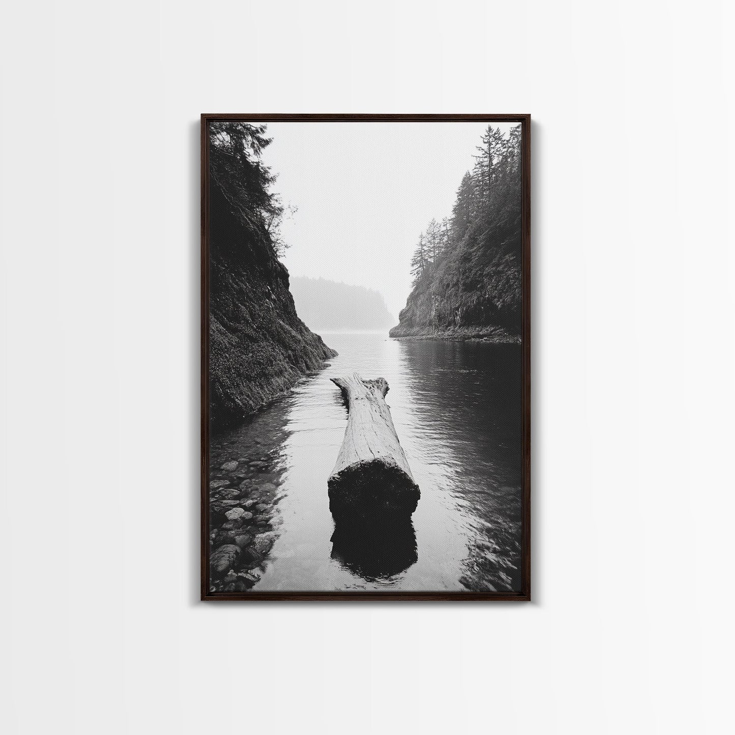 Driftwood Log, River Pass, Nature Silence, Misty Gorge, Framed Canvas Print, Office Wall Art, Modern Nature Decor, Moody Forest Style