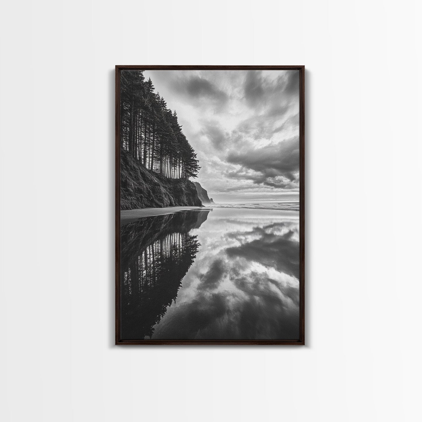Ocean Cliff Reflection, Dramatic Coastline Art, Cloudy Sky Canvas, Framed Canvas Print, Living Room Wall Art, Moody Landscape Photography