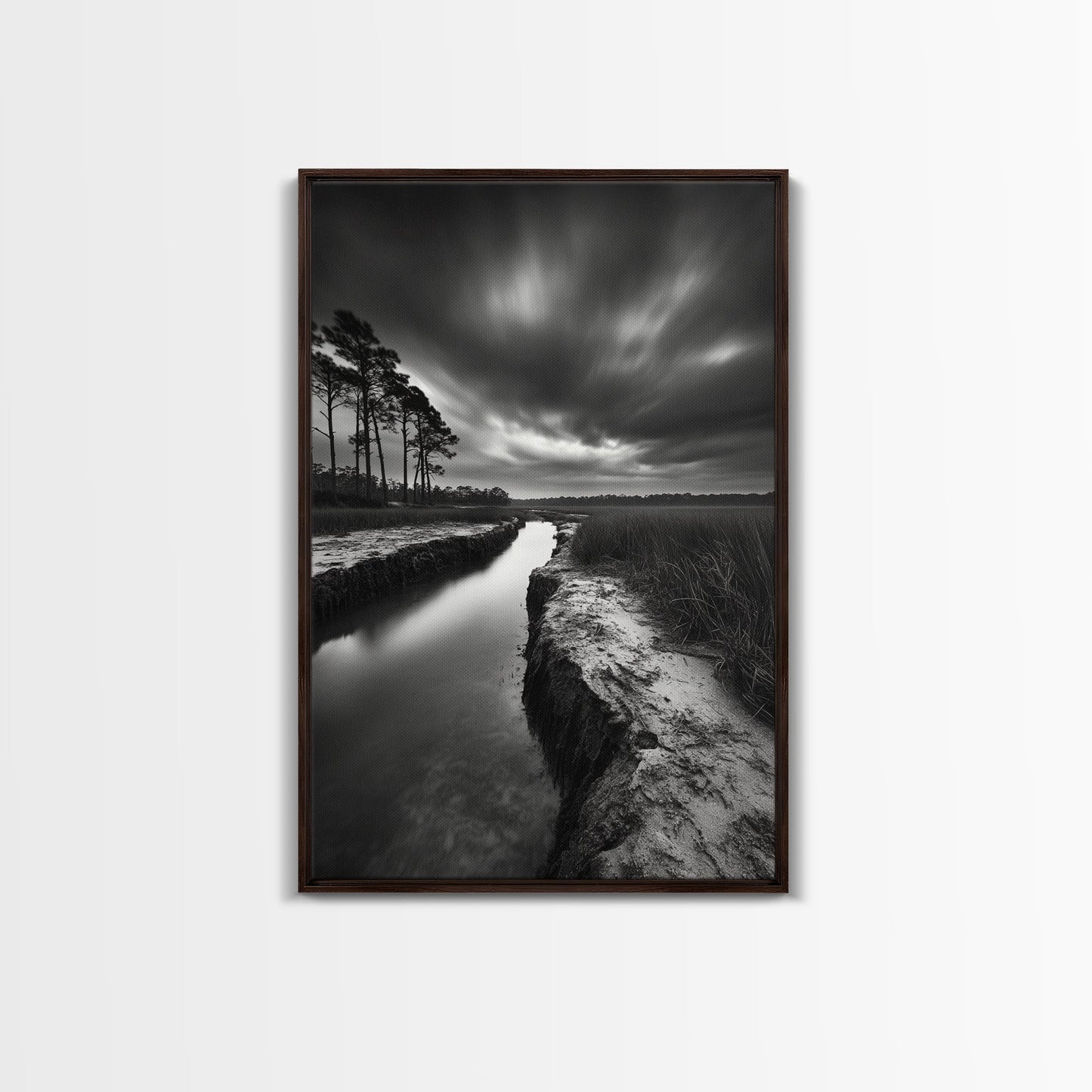 Misty Marsh Path, Moody Landscape, Nature Wall Decor, Living Room Art, Canvas Print, Black and White Photography, Autumn Wall Art