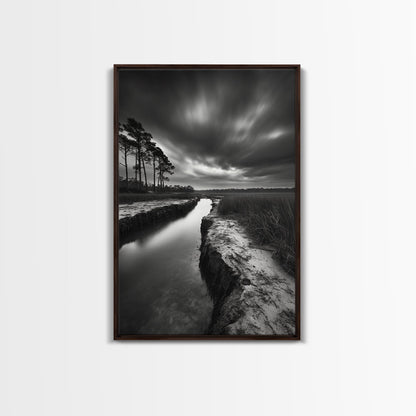 Misty Marsh Path, Moody Landscape, Nature Wall Decor, Living Room Art, Canvas Print, Black and White Photography, Autumn Wall Art