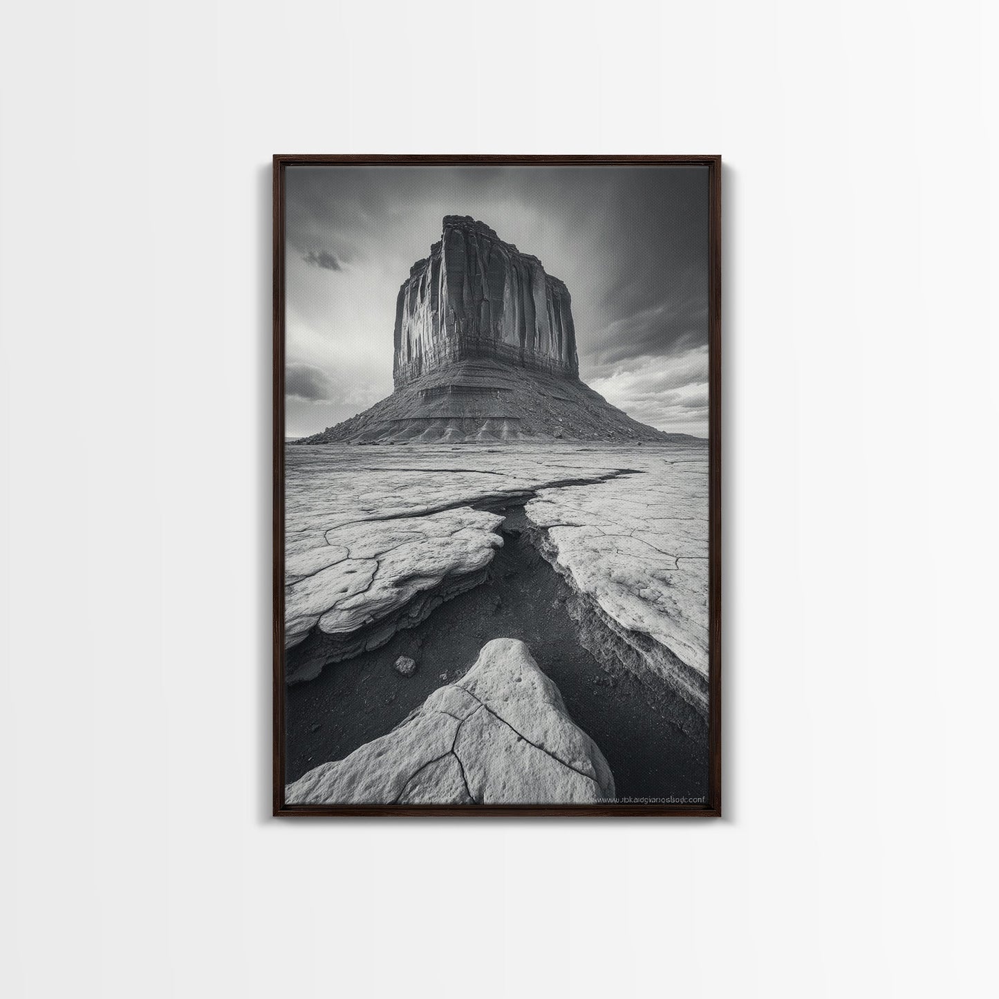 Monument Valley Cliff, Desert Rockscape, Framed Canvas Print, Western Wall Art, Office Decor, Black and White Photography