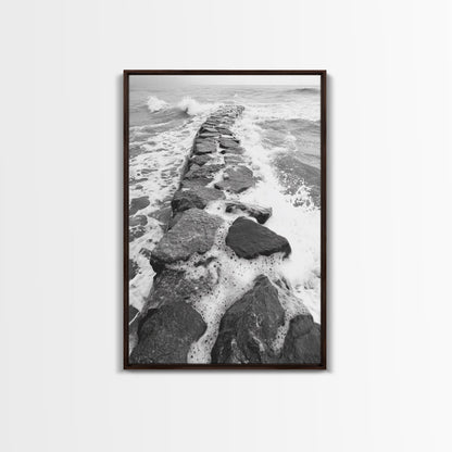 Rocky surf path, ocean jetty power, dramatic sea waves, black white beachscape, Canvas Print, bathroom wall art, nautical minimalist decor