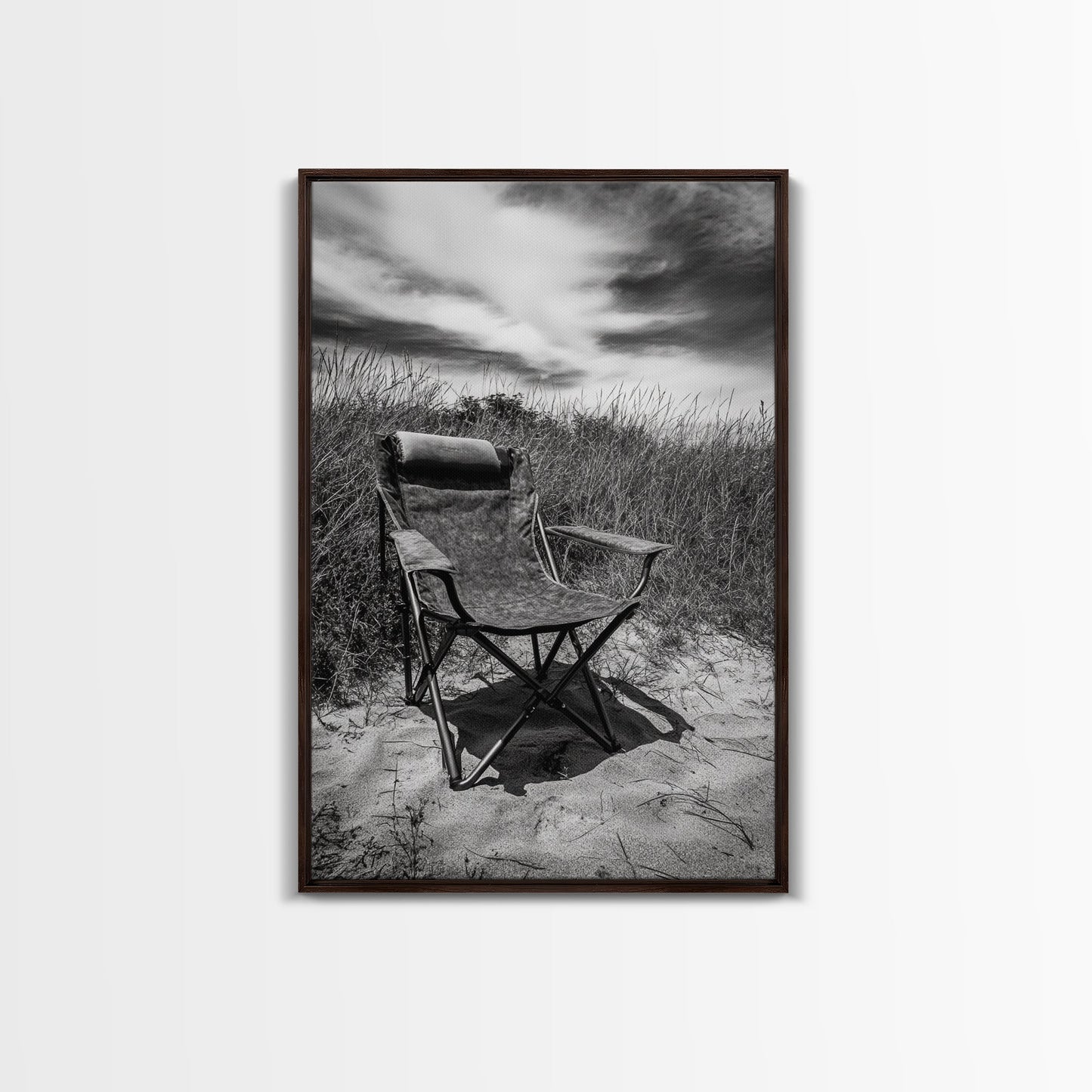 Deserted beach chair, quiet coast vibes, windswept scene, peaceful solitude, Canvas Print, hallway decor, rustic retreat outdoor artwork