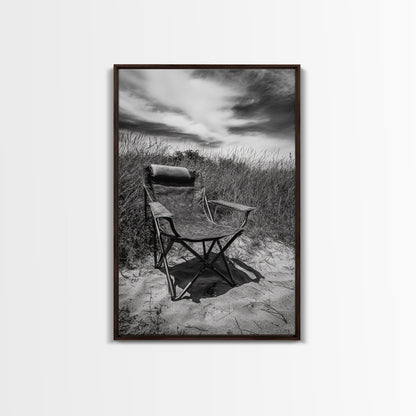 Deserted beach chair, quiet coast vibes, windswept scene, peaceful solitude, Canvas Print, hallway decor, rustic retreat outdoor artwork