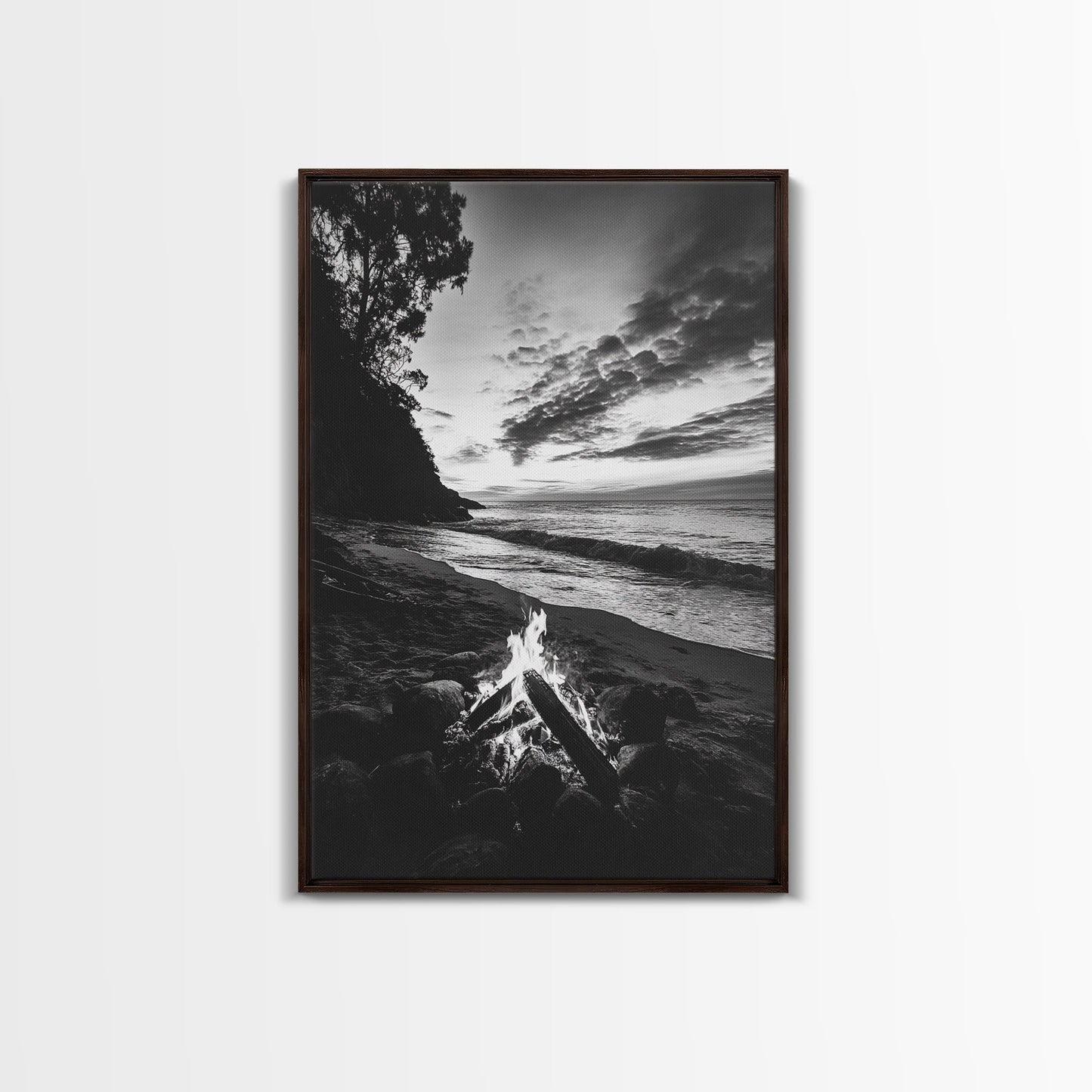 Shoreline fire night, beach flames, evening waves, rustic warmth, Canvas Print, Autumn decor, outdoor adventure minimalist wall art