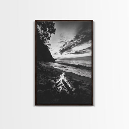 Shoreline fire night, beach flames, evening waves, rustic warmth, Canvas Print, Autumn decor, outdoor adventure minimalist wall art