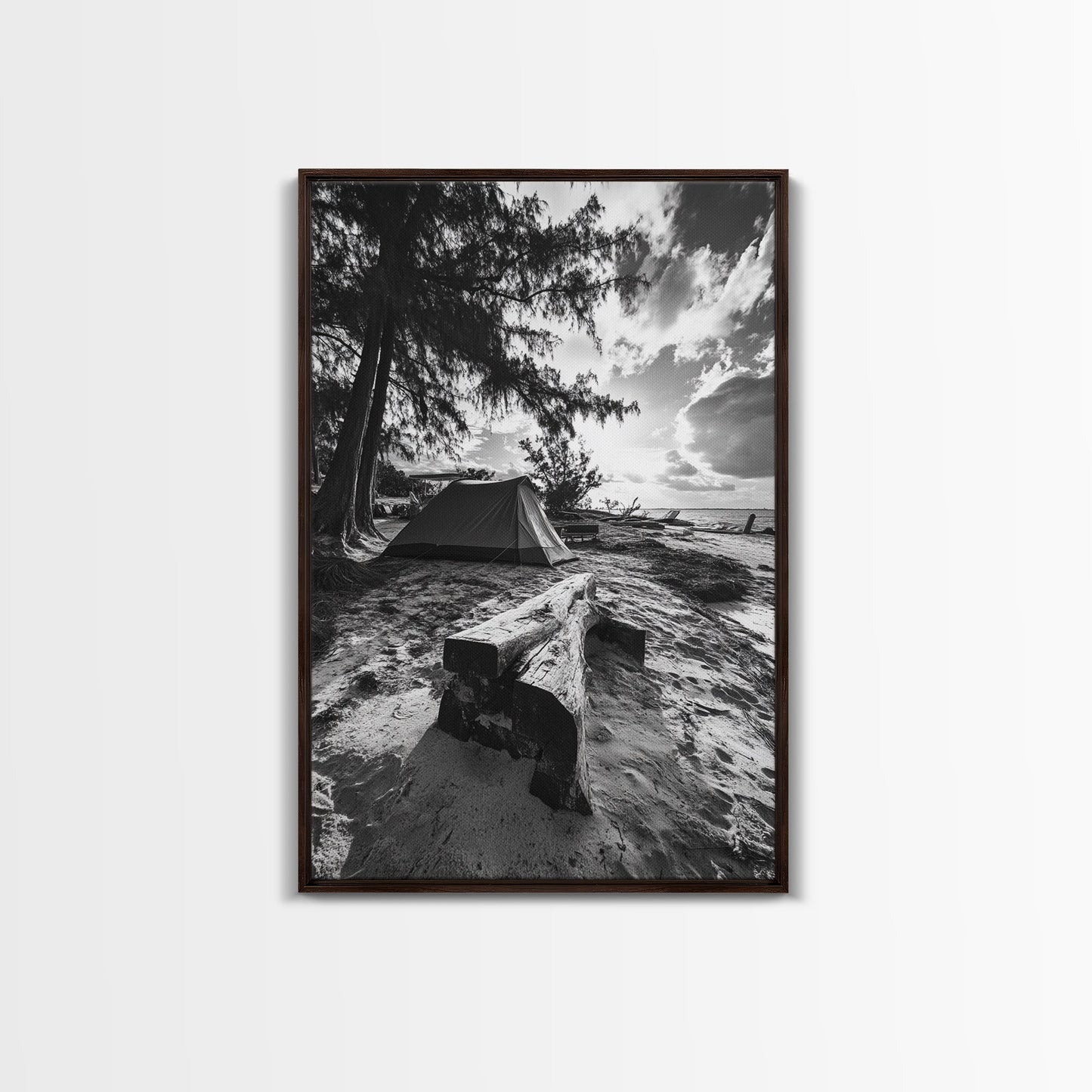 Tent, Beach, Sunset, Trees - Rustic camping coastal escape vibe, Framed Canvas Print, ideal bedroom or adventure nursery decor, outdoor art