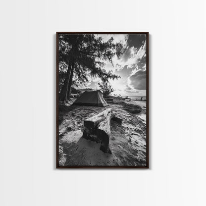 Tent, Beach, Sunset, Trees - Rustic camping coastal escape vibe, Framed Canvas Print, ideal bedroom or adventure nursery decor, outdoor art