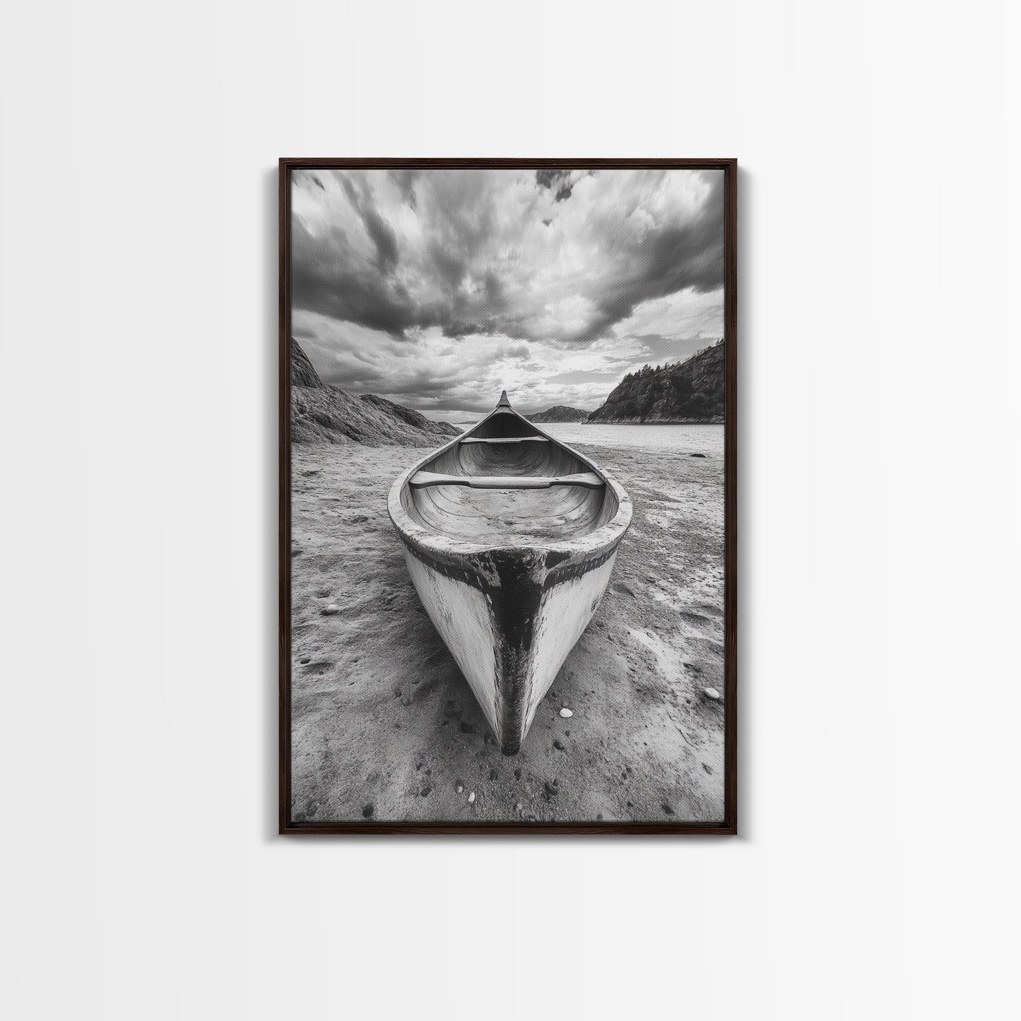 Canoe, Shoreline, Dramatic, Sky - canoe landscape Canvas Print, rustic wall art, entryway decor, nature photography, monochrome mountain