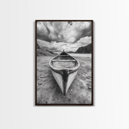 Canoe, Shoreline, Dramatic, Sky - canoe landscape Canvas Print, rustic wall art, entryway decor, nature photography, monochrome mountain