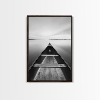 Canoe, Lake, Calm, Horizon - Minimalist lake paddle scene, Framed Canvas Print, peaceful home office art, Scandinavian decor, wilderness print