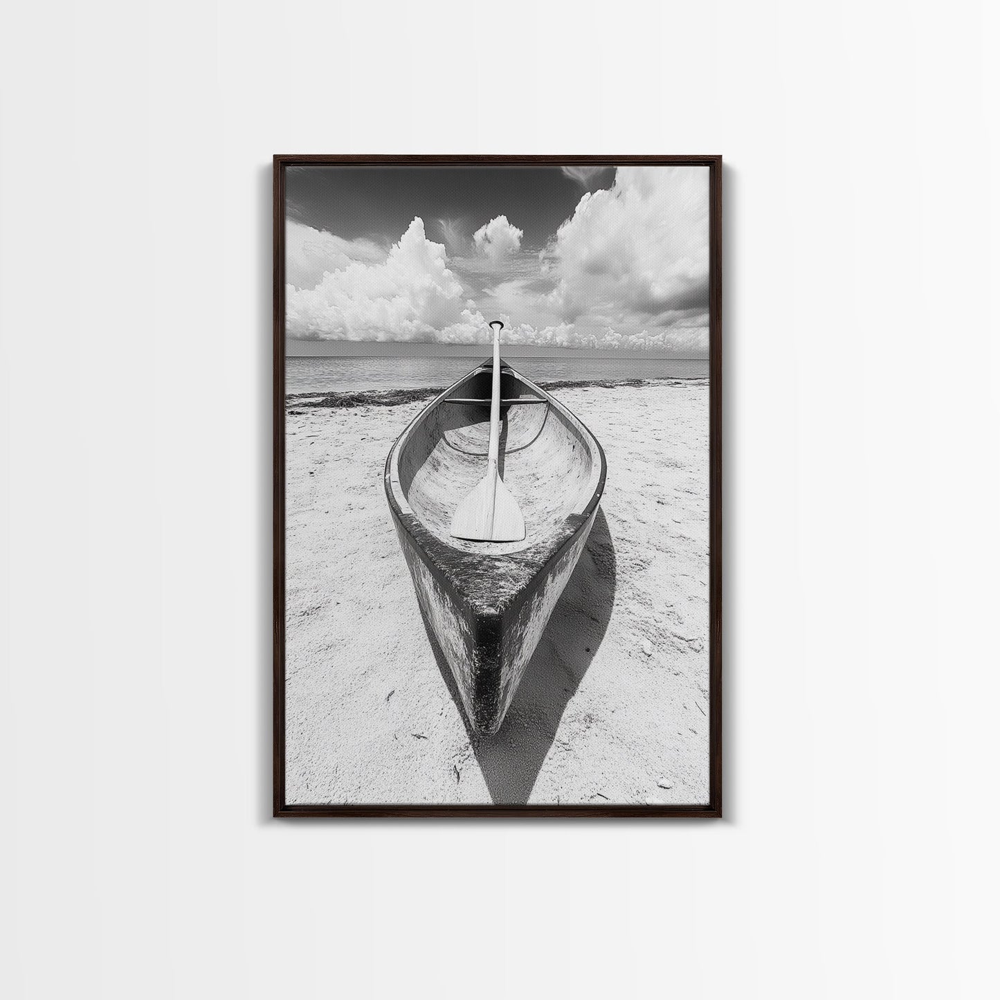 Paddle, Canoe, Beach, Clouds - Summer boating scene, Canvas Print, ideal bathroom or guestroom nautical art, rustic coastal boho wall decor