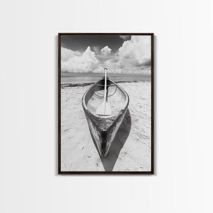 Paddle, Canoe, Beach, Clouds - Summer boating scene, Canvas Print, ideal bathroom or guestroom nautical art, rustic coastal boho wall decor