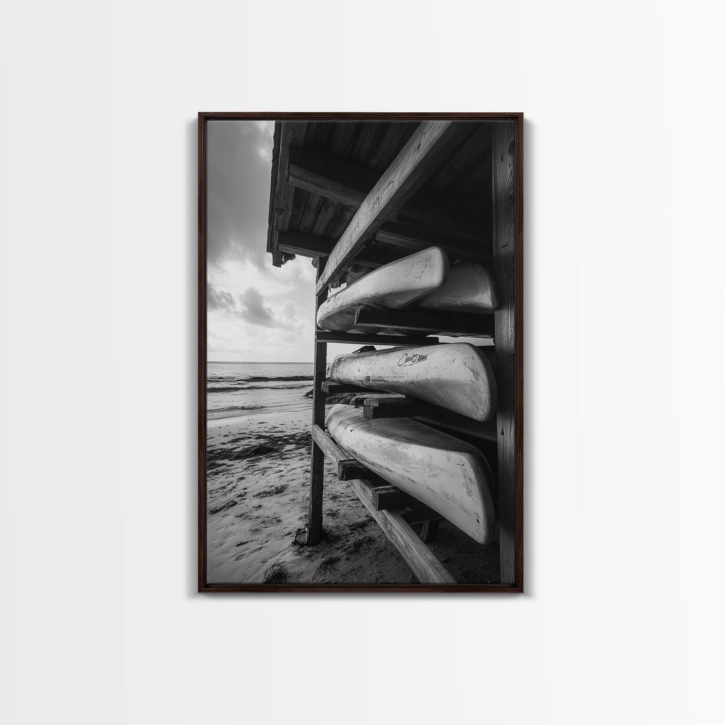 Canoes, Rack, Ocean, Shelter - Surf shack vibes with coastal canoe stack, Framed Canvas Print, great beach house or boho hallway art, grayscale