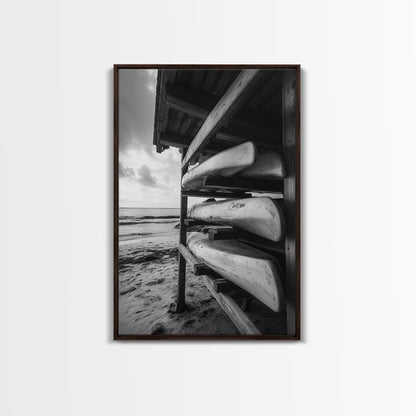 Canoes, Rack, Ocean, Shelter - Surf shack vibes with coastal canoe stack, Framed Canvas Print, great beach house or boho hallway art, grayscale