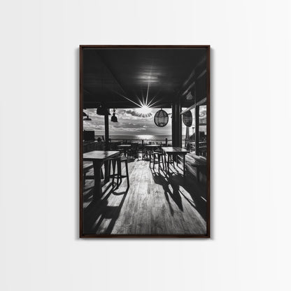 Ocean, Deck, Sunset, Rays - Golden hour beach bar shadows, Canvas Print, perfect dining room or kitchen wall art, rustic coastal decor