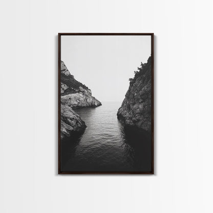 Cliffs, Ocean, Channel, Serenity - Dramatic rocky inlet view, Framed Canvas Print, ideal bathroom or hallway wall art, nature lover minimalist
