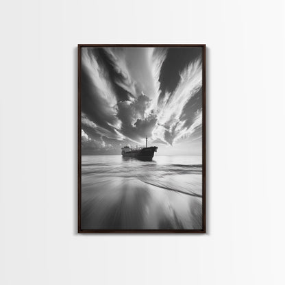 Stormy Sky Ship, Dramatic Seascape, Black White Photography, Ocean Nautical Decor, Framed Canvas Print, Coastal Wall Art, Moody Minimalist