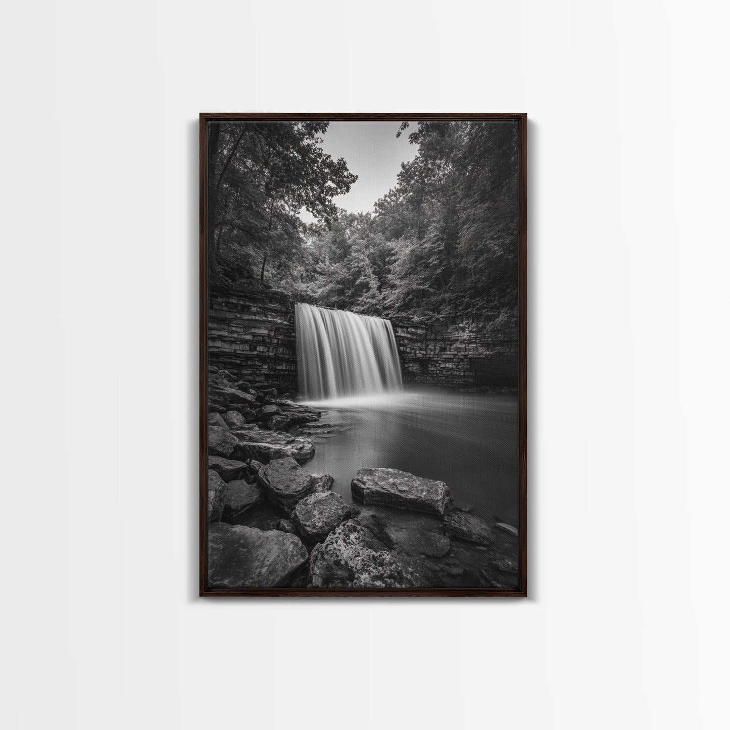 Waterfall Serenity, Nature Escape, River Rock Flow, Bedroom Wall Decor, Framed Canvas Print, Modern Rustic Forest Wall Art