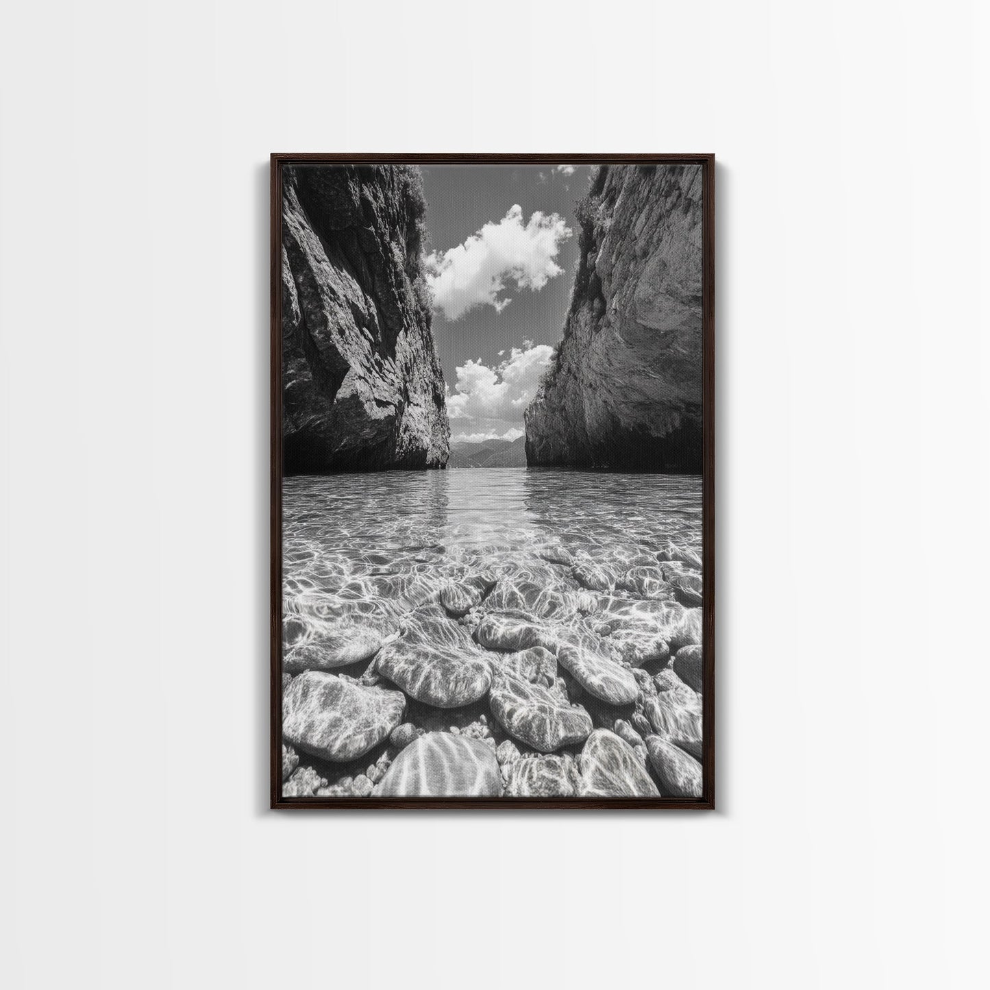 Clear Waterscape, Rocky Shoreline, Tropical Escape, Nature Photography, Framed Canvas Print, Beach House Coastal Wall Art