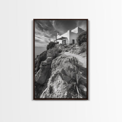 Cliffside Villa, Mediterranean Home, Desert Garden, Rustic Landscape Print, Framed Canvas Print, Modern Boho Living Room Art