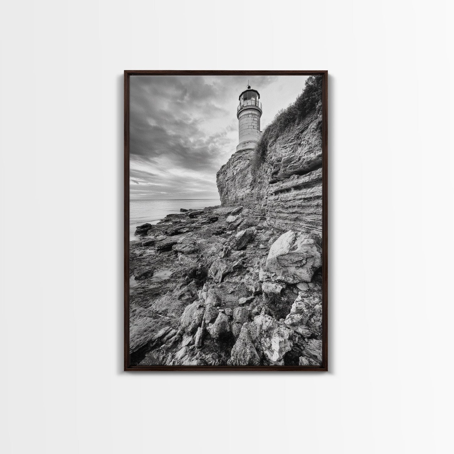 Lighthouse Beacon, Rocky Shoreline, Nautical Coastal Scene, Framed Canvas Print, Ocean View Art, Seaside Living Room Wall Decor