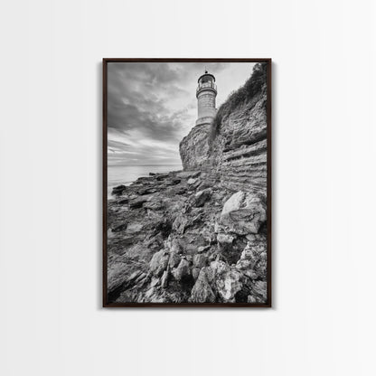 Lighthouse Beacon, Rocky Shoreline, Nautical Coastal Scene, Framed Canvas Print, Ocean View Art, Seaside Living Room Wall Decor