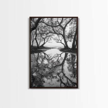 Misty Forest Trees, Reflection Photography, Nature Landscape, Canvas Print, Neutral Tones, Bedroom Wall Decor, Moody Autumn Forest Art