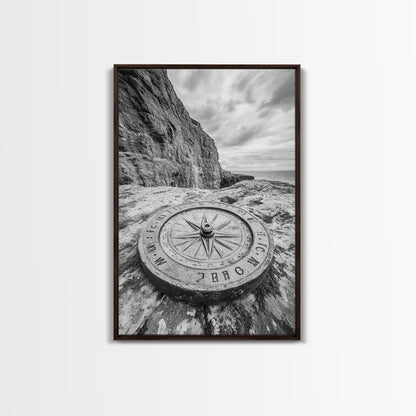 Compass On Cliff, Adventure Travel Art, Nautical Wall Decor, Framed Canvas Print, Rustic Office Art, Nature Explorer Gift Idea