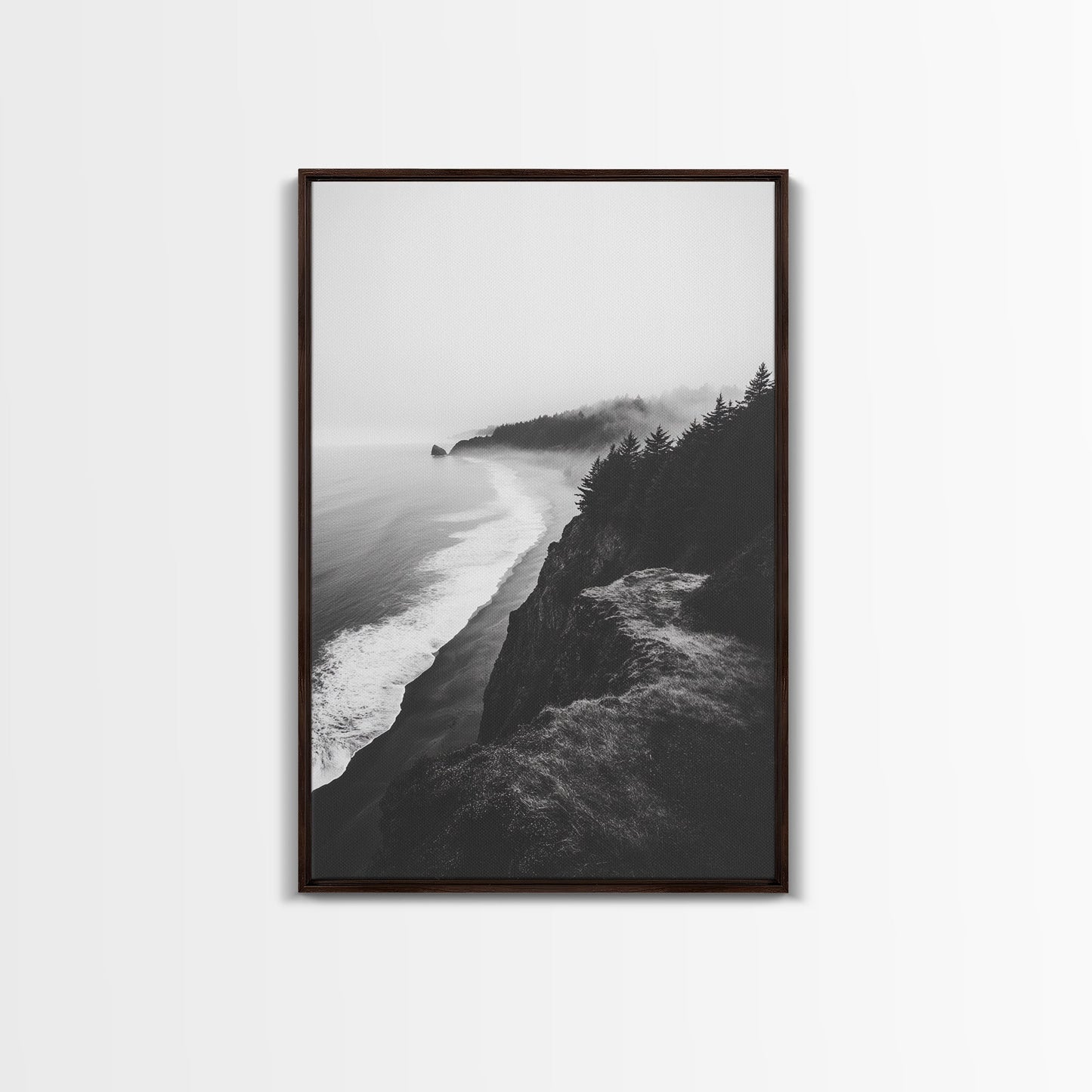 Misty Coastline, Pine Forest, Foggy Morning, Framed Canvas Print, Moody Nature Decor, Living Room Wall Art, Monochrome Style