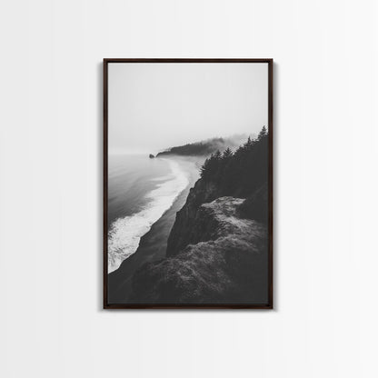 Misty Coastline, Pine Forest, Foggy Morning, Framed Canvas Print, Moody Nature Decor, Living Room Wall Art, Monochrome Style