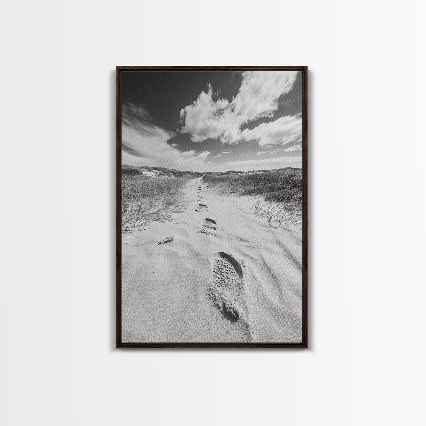 Desert Footprints Path, Dune Art, Wanderlust Vibes, Monochrome Landscape, Framed Canvas Print, Bedroom Wall Decor, Minimalist Travel