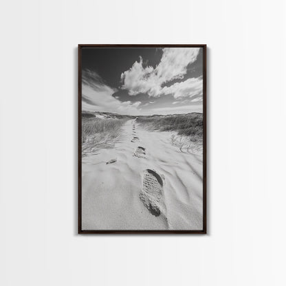 Desert Footprints Path, Dune Art, Wanderlust Vibes, Monochrome Landscape, Framed Canvas Print, Bedroom Wall Decor, Minimalist Travel